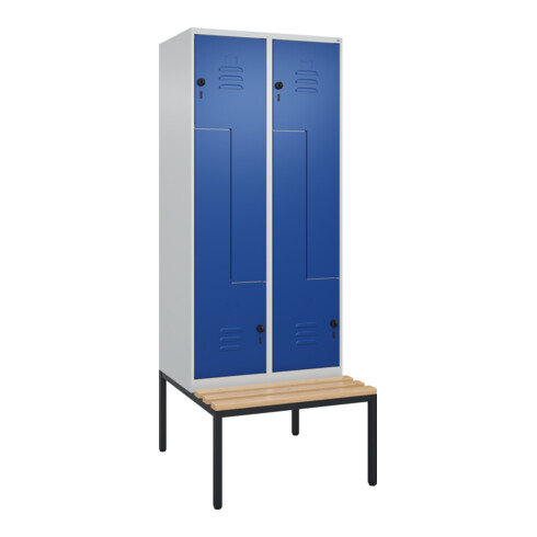 C+P Z-Spind Classic PLUS, Bank, 4 Fächer, 2120x800x815mm, 7035/5010 Verschluss Sicherheits-Drehriegel Sitzbanktyp untergebaut Material Sitzfläche Buche-Hartholz