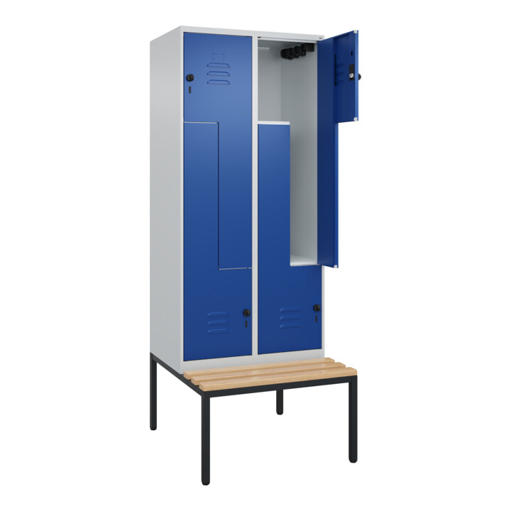 C+P Z-Spind Classic PLUS, Bank, 4 Fächer, 2120x800x815mm, 7035/5010 Verschluss Sicherheits-Drehriegel Sitzbanktyp untergebaut Material Sitzfläche Buche-Hartholz