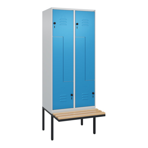 C+P Z-Spind Classic PLUS, Bank, 4 Fächer, 2120x800x815mm, 7035/5012 Verschluss Sicherheits-Drehriegel Sitzbanktyp auskragend Material Sitzfläche Buche-Hartholz