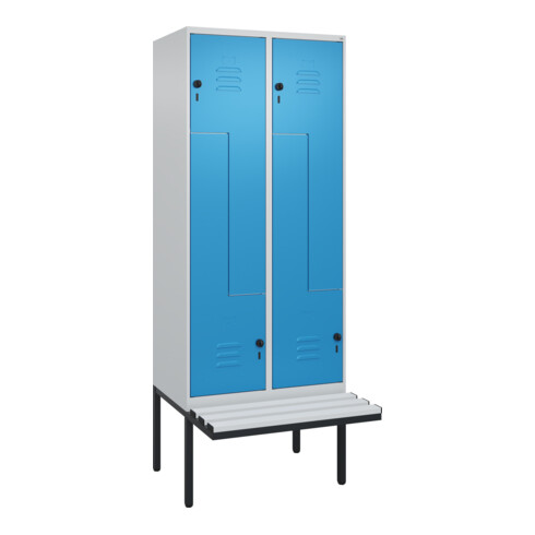 C+P Z-Spind Classic PLUS, Bank, 4 Fächer, 2120x800x815mm, 7035/5012 Verschluss Sicherheits-Drehriegel Sitzbanktyp auskragend Material Sitzfläche Kunststoff