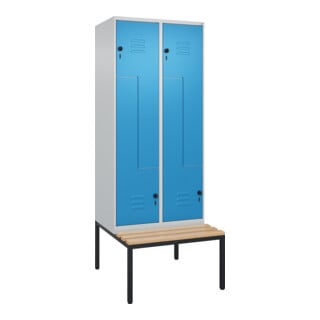 C+P Z-Spind Classic PLUS, Bank, 4 Fächer, 2120x800x815mm, 7035/5012 Verschluss Sicherheits-Drehriegel Sitzbanktyp untergebaut Material Sitzfläche Buche-Hartholz