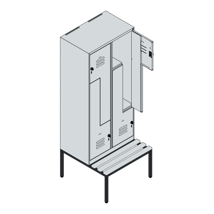 C+P Z-Spind Classic PLUS, Bank, 4 Fächer, 2120x800x815mm, 7035/5012 Verschluss Sicherheits-Drehriegel Sitzbanktyp untergebaut Material Sitzfläche Buche-Hartholz
