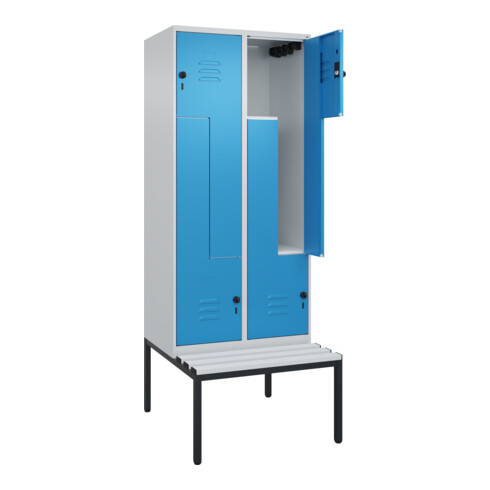 C+P Z-Spind Classic PLUS, Bank, 4 Fächer, 2120x800x815mm, 7035/5012 Verschluss Sicherheits-Drehriegel Sitzbanktyp untergebaut Material Sitzfläche Kunststoff