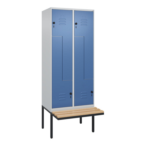 C+P Z-Spind Classic PLUS, Bank, 4 Fächer, 2120x800x815mm, 7035/5023 Verschluss Sicherheits-Drehriegel Sitzbanktyp auskragend Material Sitzfläche Buche-Hartholz