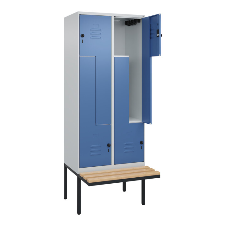 C+P Z-Spind Classic PLUS, Bank, 4 Fächer, 2120x800x815mm, 7035/5023 Verschluss Sicherheits-Drehriegel Sitzbanktyp auskragend Material Sitzfläche Buche-Hartholz