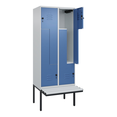 C+P Z-Spind Classic PLUS, Bank, 4 Fächer, 2120x800x815mm, 7035/5023 Verschluss Sicherheits-Drehriegel Sitzbanktyp auskragend Material Sitzfläche Kunststoff