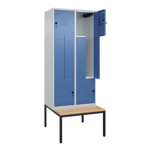 C+P Z-Spind Classic PLUS, Bank, 4 Fächer, 2120x800x815mm, 7035/5023 Verschluss Sicherheits-Drehriegel Sitzbanktyp untergebaut Material Sitzfläche Buche-Hartholz