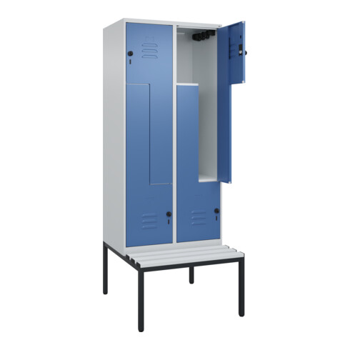 C+P Z-Spind Classic PLUS, Bank, 4 Fächer, 2120x800x815mm, 7035/5023 Verschluss Sicherheits-Drehriegel Sitzbanktyp untergebaut Material Sitzfläche Kunststoff