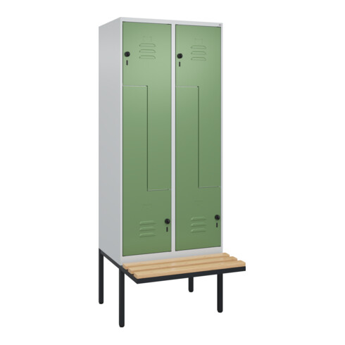 C+P Z-Spind Classic PLUS, Bank, 4 Fächer, 2120x800x815mm, 7035/6011 Verschluss Sicherheits-Drehriegel Sitzbanktyp auskragend Material Sitzfläche Buche-Hartholz