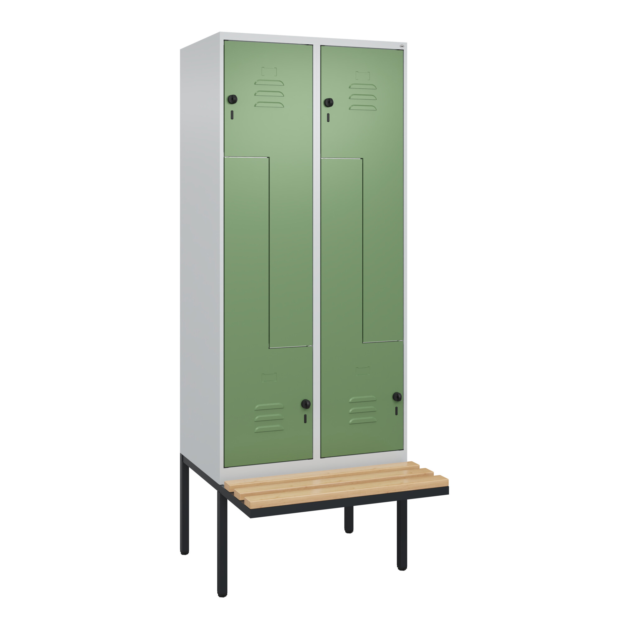 C+P Z-Spind Classic PLUS, Bank, 4 Fächer, 2120x800x815mm, 7035/6011 Verschluss Sicherheits-Drehriegel Sitzbanktyp auskragend Material Sitzfläche Buche