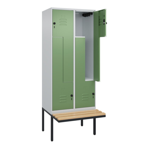 C+P Z-Spind Classic PLUS, Bank, 4 Fächer, 2120x800x815mm, 7035/6011 Verschluss Sicherheits-Drehriegel Sitzbanktyp auskragend Material Sitzfläche Buche-Hartholz