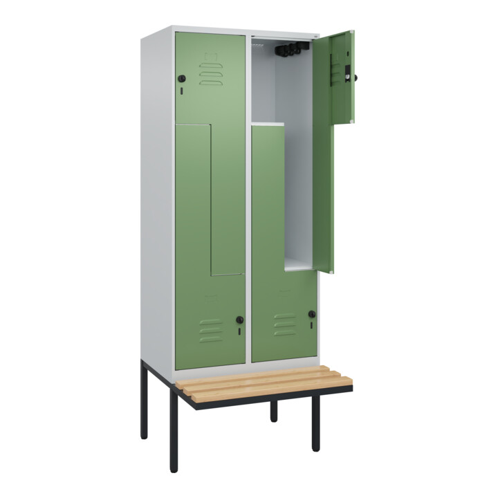 C+P Z-Spind Classic PLUS, Bank, 4 Fächer, 2120x800x815mm, 7035/6011 Verschluss Sicherheits-Drehriegel Sitzbanktyp auskragend Material Sitzfläche Buche-Hartholz