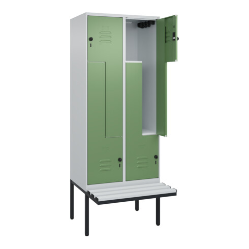 C+P Z-Spind Classic PLUS, Bank, 4 Fächer, 2120x800x815mm, 7035/6011 Verschluss Sicherheits-Drehriegel Sitzbanktyp auskragend Material Sitzfläche Kunststoff