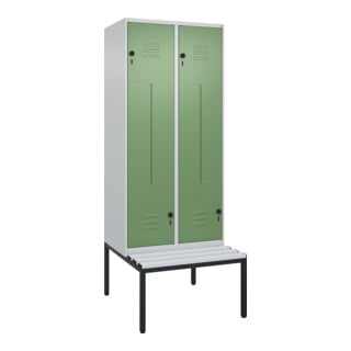 C+P Z-Spind Classic PLUS, Bank, 4 Fächer, 2120x800x815mm, 7035/6011 Verschluss Sicherheits-Drehriegel Sitzbanktyp untergebaut Material Sitzfläche Kunststoff