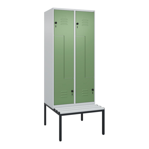 C+P Z-Spind Classic PLUS, Bank, 4 Fächer, 2120x800x815mm, 7035/6011 Verschluss Sicherheits-Drehriegel Sitzbanktyp untergebaut Material Sitzfläche Kunststoff