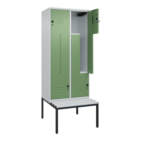 C+P Z-Spind Classic PLUS, Bank, 4 Fächer, 2120x800x815mm, 7035/6011 Verschluss Sicherheits-Drehriegel Sitzbanktyp untergebaut Material Sitzfläche Kunststoff