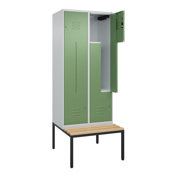 C+P Z-Spind Classic PLUS, Bank, 4 Fächer, 2120x800x815mm, 7035/6011 Verschluss Zylinderschloss Sitzbanktyp untergebaut Material Sitzfläche Buche-Hartholz