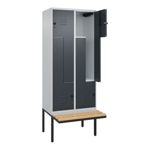 C+P Z-Spind Classic PLUS, Bank, 4 Fächer, 2120x800x815mm, 7035/7016 Verschluss Sicherheits-Drehriegel Sitzbanktyp auskragend Material Sitzfläche Buche-Hartholz