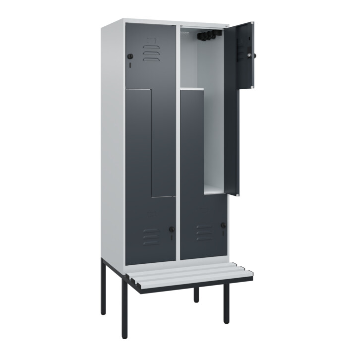 C+P Z-Spind Classic PLUS, Bank, 4 Fächer, 2120x800x815mm, 7035/7016 Verschluss Sicherheits-Drehriegel Sitzbanktyp auskragend Material Sitzfläche Kunststoff