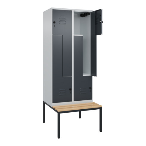 C+P Z-Spind Classic PLUS, Bank, 4 Fächer, 2120x800x815mm, 7035/7016 Verschluss Sicherheits-Drehriegel Sitzbanktyp untergebaut Material Sitzfläche Buche-Hartholz
