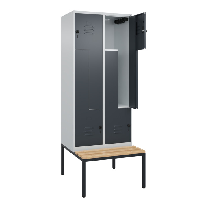 C+P Z-Spind Classic PLUS, Bank, 4 Fächer, 2120x800x815mm, 7035/7016 Verschluss Sicherheits-Drehriegel Sitzbanktyp untergebaut Material Sitzfläche Buche-Hartholz