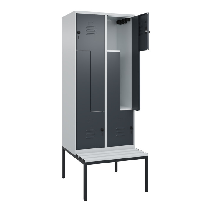 C+P Z-Spind Classic PLUS, Bank, 4 Fächer, 2120x800x815mm, 7035/7016 Verschluss Sicherheits-Drehriegel Sitzbanktyp untergebaut Material Sitzfläche Kunststoff