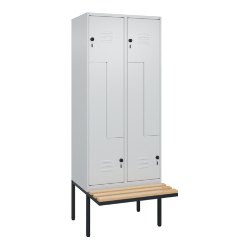 C+P Z-Spind Classic PLUS, Bank, 4 Fächer, 2120x800x815mm, 7035/7035 Verschluss Sicherheits-Drehriegel Sitzbanktyp auskragend Material Sitzfläche Buche-Hartholz