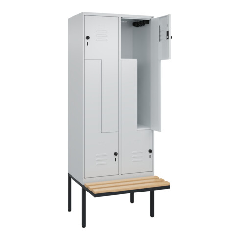 C+P Z-Spind Classic PLUS, Bank, 4 Fächer, 2120x800x815mm, 7035/7035 Verschluss Sicherheits-Drehriegel Sitzbanktyp auskragend Material Sitzfläche Buche-Hartholz