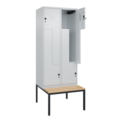C+P Z-Spind Classic PLUS, Bank, 4 Fächer, 2120x800x815mm, 7035/7035 Verschluss Sicherheits-Drehriegel Sitzbanktyp untergebaut Material Sitzfläche Buche-Hartholz