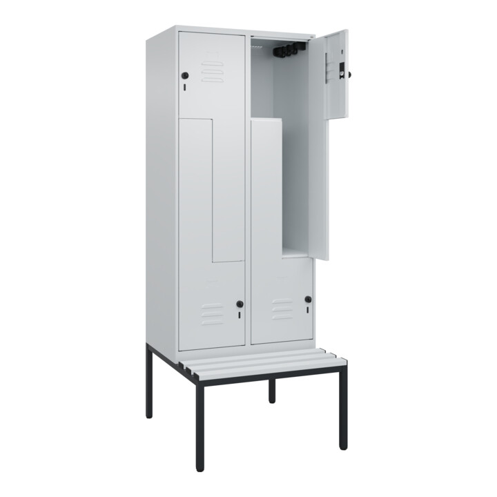 C+P Z-Spind Classic PLUS, Bank, 4 Fächer, 2120x800x815mm, 7035/7035 Verschluss Sicherheits-Drehriegel Sitzbanktyp untergebaut Material Sitzfläche Kunststoff