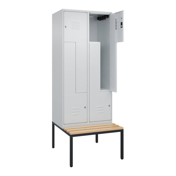 C+P Z-Spind Classic PLUS, Bank, 4 Fächer, 2120x800x815mm, 7035/7035 Verschluss Zylinderschloss Sitzbanktyp untergebaut Material Sitzfläche Buche-Hartholz