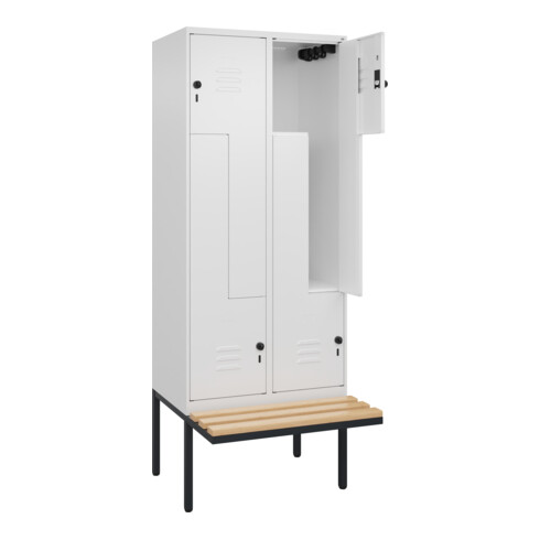 C+P Z-Spind Classic PLUS, Bank, 4 Fächer, 2120x800x815mm, 9016/9016 Verschluss Sicherheits-Drehriegel Sitzbanktyp auskragend Material Sitzfläche Buche-Hartholz