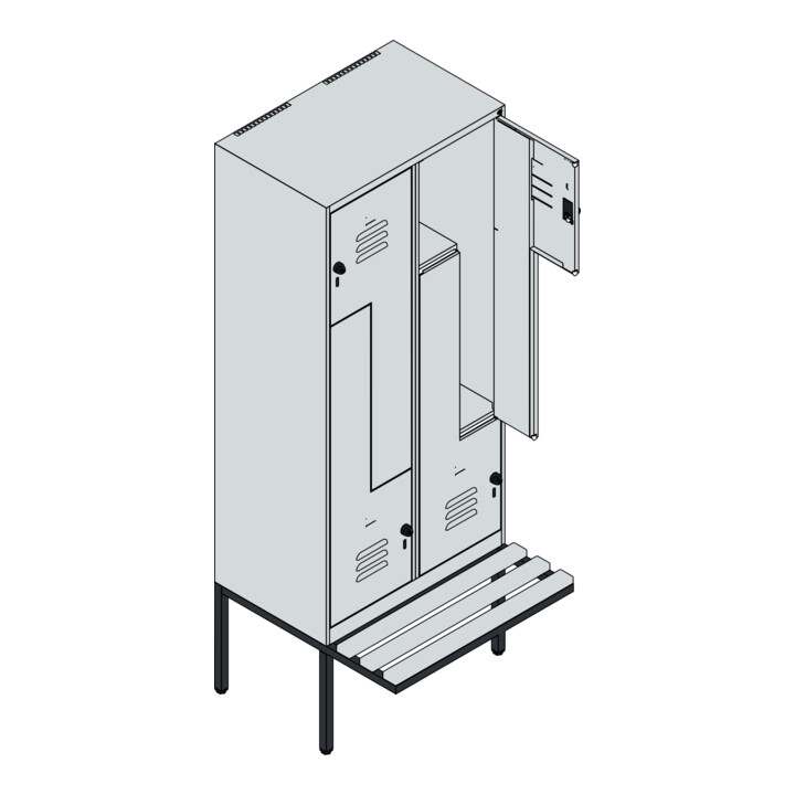C+P Z-Spind Classic PLUS, Bank, 4 Fächer, 2120x800x815mm, 9016/9016 Verschluss Sicherheits-Drehriegel Sitzbanktyp auskragend Material Sitzfläche Buche-Hartholz