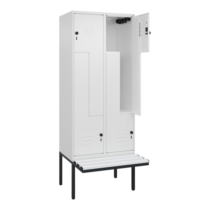 C+P Z-Spind Classic PLUS, Bank, 4 Fächer, 2120x800x815mm, 9016/9016 Verschluss Sicherheits-Drehriegel Sitzbanktyp auskragend Material Sitzfläche Kunststoff
