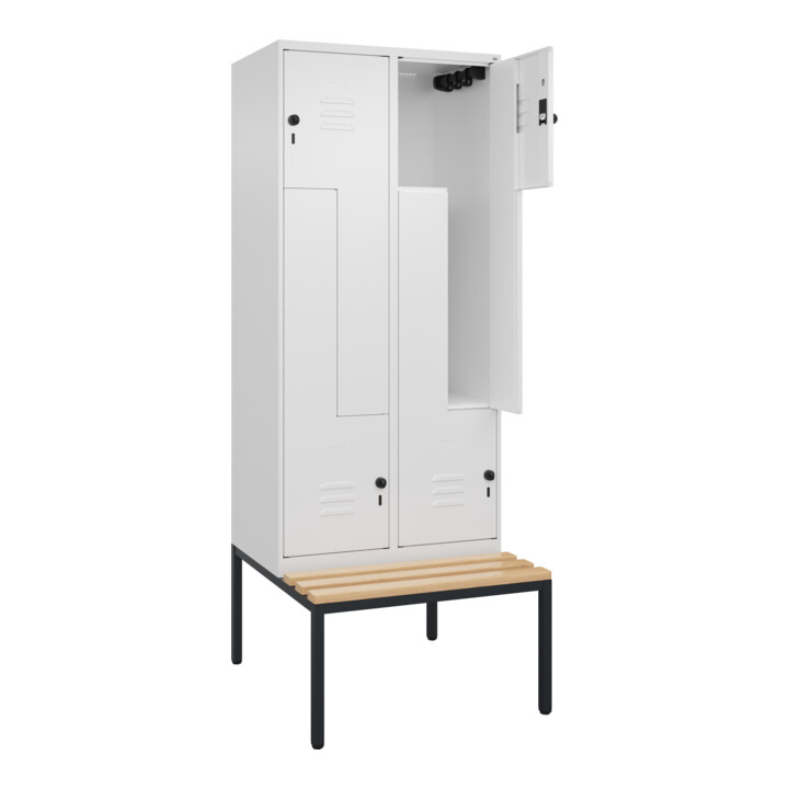 C+P Z-Spind Classic PLUS, Bank, 4 Fächer, 2120x800x815mm, 9016/9016 Verschluss Sicherheits-Drehriegel Sitzbanktyp untergebaut Material Sitzfläche Buche-Hartholz