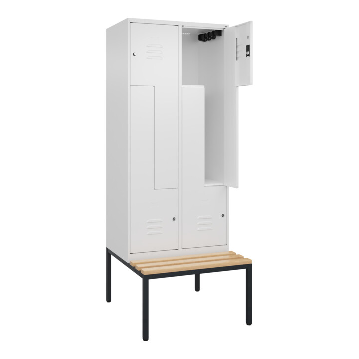 C+P Z-Spind Classic PLUS, Bank, 4 Fächer, 2120x800x815mm, 9016/9016 Verschluss Zylinderschloss Sitzbanktyp untergebaut Material Sitzfläche Buche-Hartholz