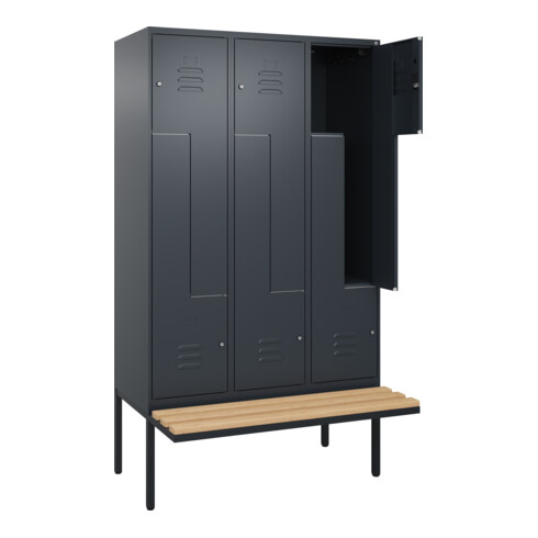 C+P Z-Spind Classic PLUS, Bank, 6 Fächer, 2120x1200x815mm, 7016/7016 Verschluss Zylinderschloss Sitzbanktyp auskragend Material Sitzfläche Buche-Hartholz