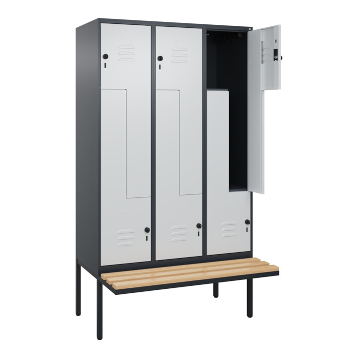 C+P Z-Spind Classic PLUS, Bank, 6 Fächer, 2120x1200x815mm, 7016/7035 Verschluss Sicherheits-Drehriegel Sitzbanktyp auskragend Material Sitzfläche Buche-Hartholz