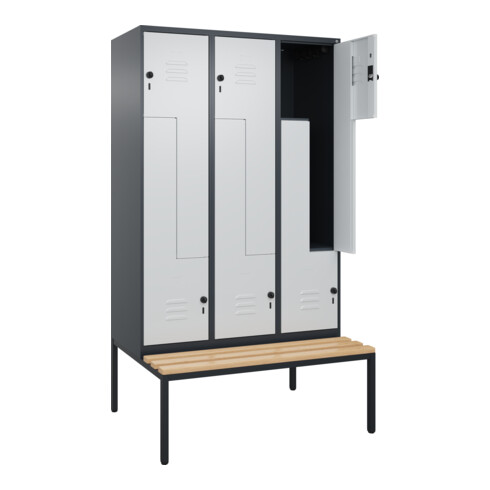C+P Z-Spind Classic PLUS, Bank, 6 Fächer, 2120x1200x815mm, 7016/7035 Verschluss Sicherheits-Drehriegel Sitzbanktyp untergebaut Material Sitzfläche Buche-Hartholz