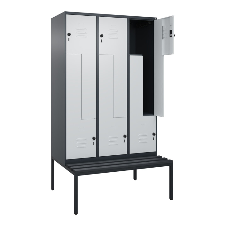 C+P Z-Spind Classic PLUS, Bank, 6 Fächer, 2120x1200x815mm, 7016/7035 Verschluss Sicherheits-Drehriegel Sitzbanktyp untergebaut Material Sitzfläche Kunststoff