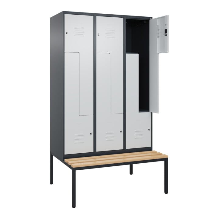 C+P Z-Spind Classic PLUS, Bank, 6 Fächer, 2120x1200x815mm, 7016/7035 Verschluss Zylinderschloss Sitzbanktyp untergebaut Material Sitzfläche Buche-Hartholz