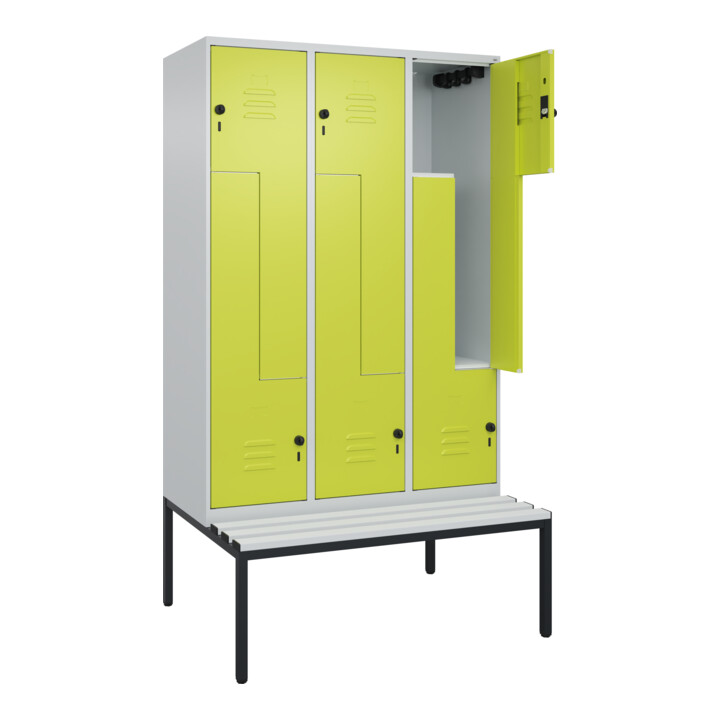 C+P Z-Spind Classic PLUS, Bank, 6 Fächer, 2120x1200x815mm, 7035/0024 Verschluss Sicherheits-Drehriegel Sitzbanktyp untergebaut Material Sitzfläche Kunststoff