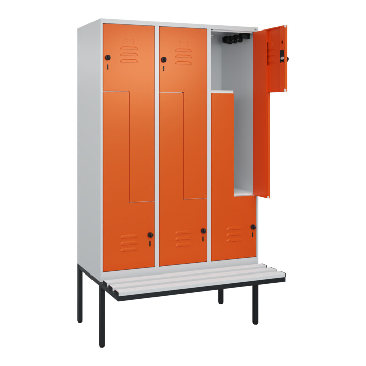 C+P Z-Spind Classic PLUS, Bank, 6 Fächer, 2120x1200x815mm, 7035/2004 Verschluss Sicherheits-Drehriegel Sitzbanktyp auskragend Material Sitzfläche Kunststoff