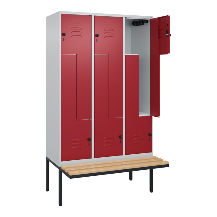 C+P Z-Spind Classic PLUS, Bank, 6 Fächer, 2120x1200x815mm, 7035/3003 Verschluss Sicherheits-Drehriegel Sitzbanktyp auskragend Material Sitzfläche Buche-Hartholz