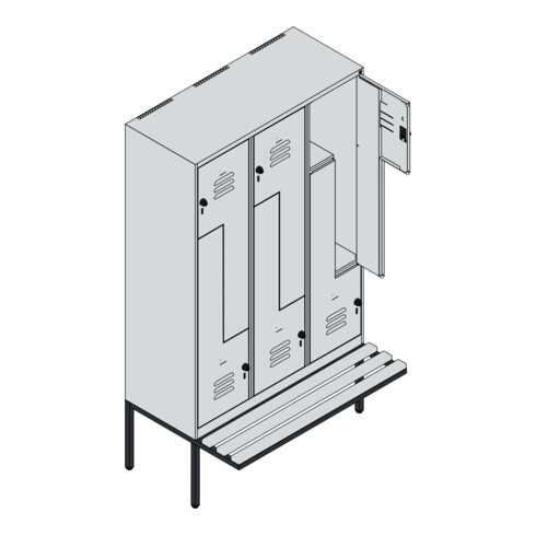 C+P Z-Spind Classic PLUS, Bank, 6 Fächer, 2120x1200x815mm, 7035/3003 Verschluss Sicherheits-Drehriegel Sitzbanktyp auskragend Material Sitzfläche Kunststoff