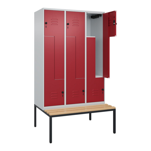 C+P Z-Spind Classic PLUS, Bank, 6 Fächer, 2120x1200x815mm, 7035/3003 Verschluss Sicherheits-Drehriegel Sitzbanktyp untergebaut Material Sitzfläche Buche-Hartholz