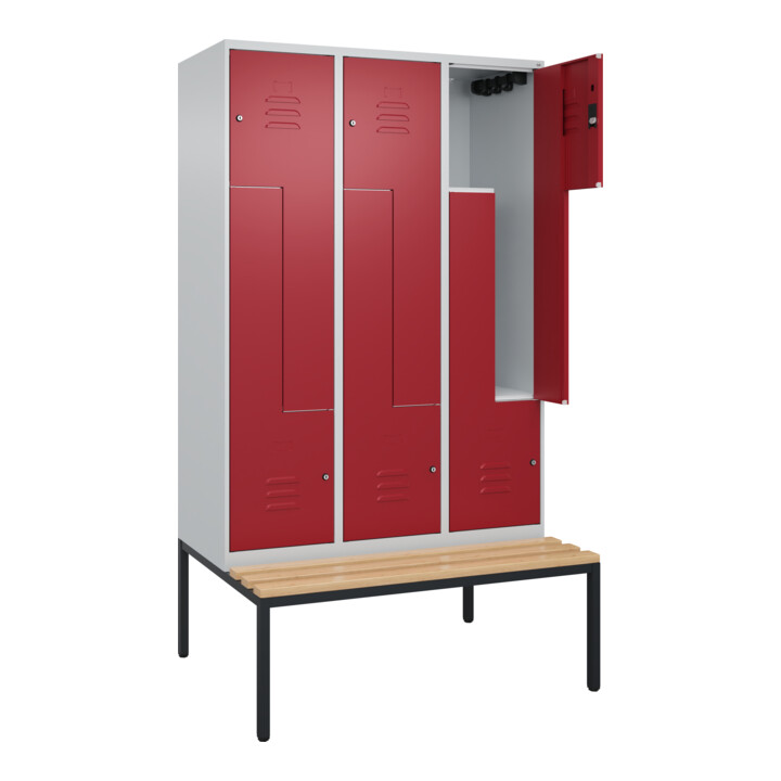 C+P Z-Spind Classic PLUS, Bank, 6 Fächer, 2120x1200x815mm, 7035/3003 Verschluss Zylinderschloss Sitzbanktyp untergebaut Material Sitzfläche Buche-Hartholz