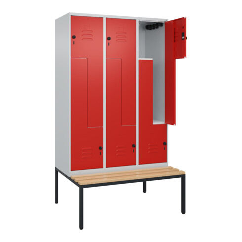 C+P Z-Spind Classic PLUS, Bank, 6 Fächer, 2120x1200x815mm, 7035/3020 Verschluss Sicherheits-Drehriegel Sitzbanktyp untergebaut Material Sitzfläche Buche-Hartholz