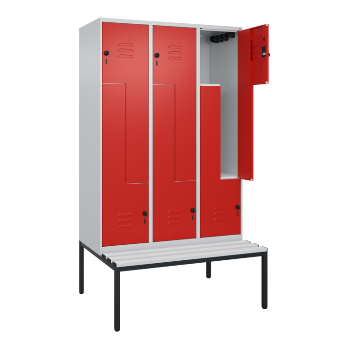 C+P Z-Spind Classic PLUS, Bank, 6 Fächer, 2120x1200x815mm, 7035/3020 Verschluss Sicherheits-Drehriegel Sitzbanktyp untergebaut Material Sitzfläche Kunststoff