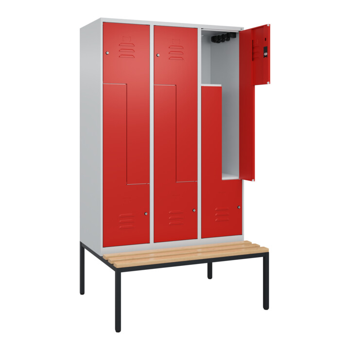 C+P Z-Spind Classic PLUS, Bank, 6 Fächer, 2120x1200x815mm, 7035/3020 Verschluss Zylinderschloss Sitzbanktyp untergebaut Material Sitzfläche Buche-Hartholz